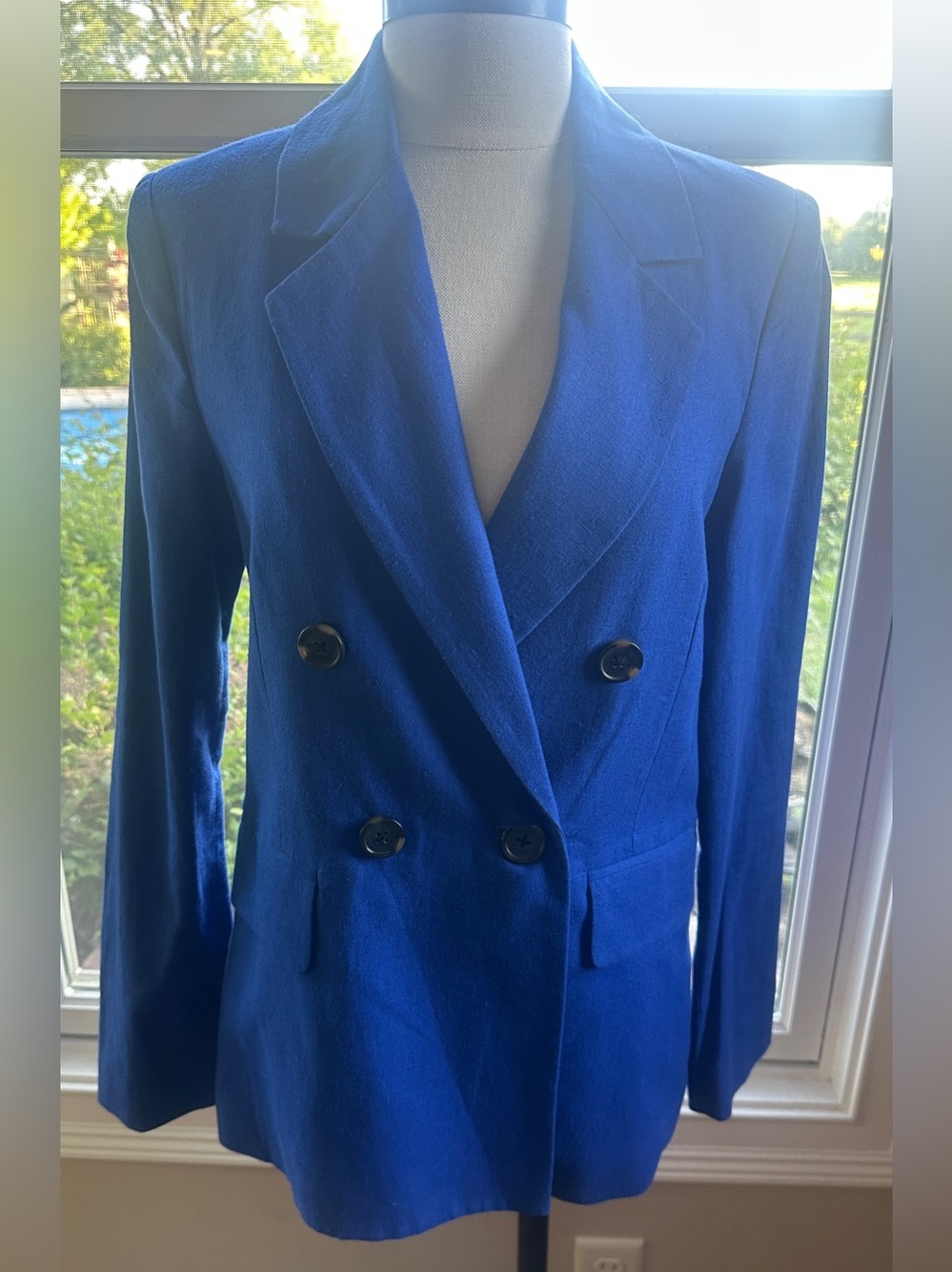 NWT A Loves A Linen Blend Blue Double Breasted Blazer, Small